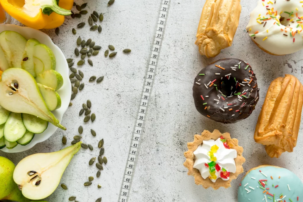top-view-assorted-sweet-food-fresh-fruits-with-vegetables-measuring-tape top view assorted sweet food fresh fruits with vegetables measuring tape